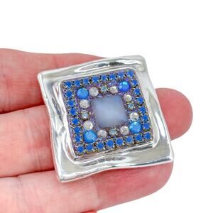 Artisan Electroform Sterling Silver 925 Blue Crystal Bead Enamel Square Pendant